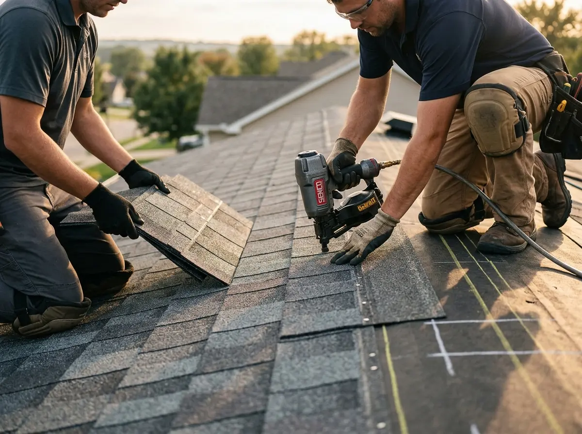 Professional roofer working on a residential roof in Swarthmore